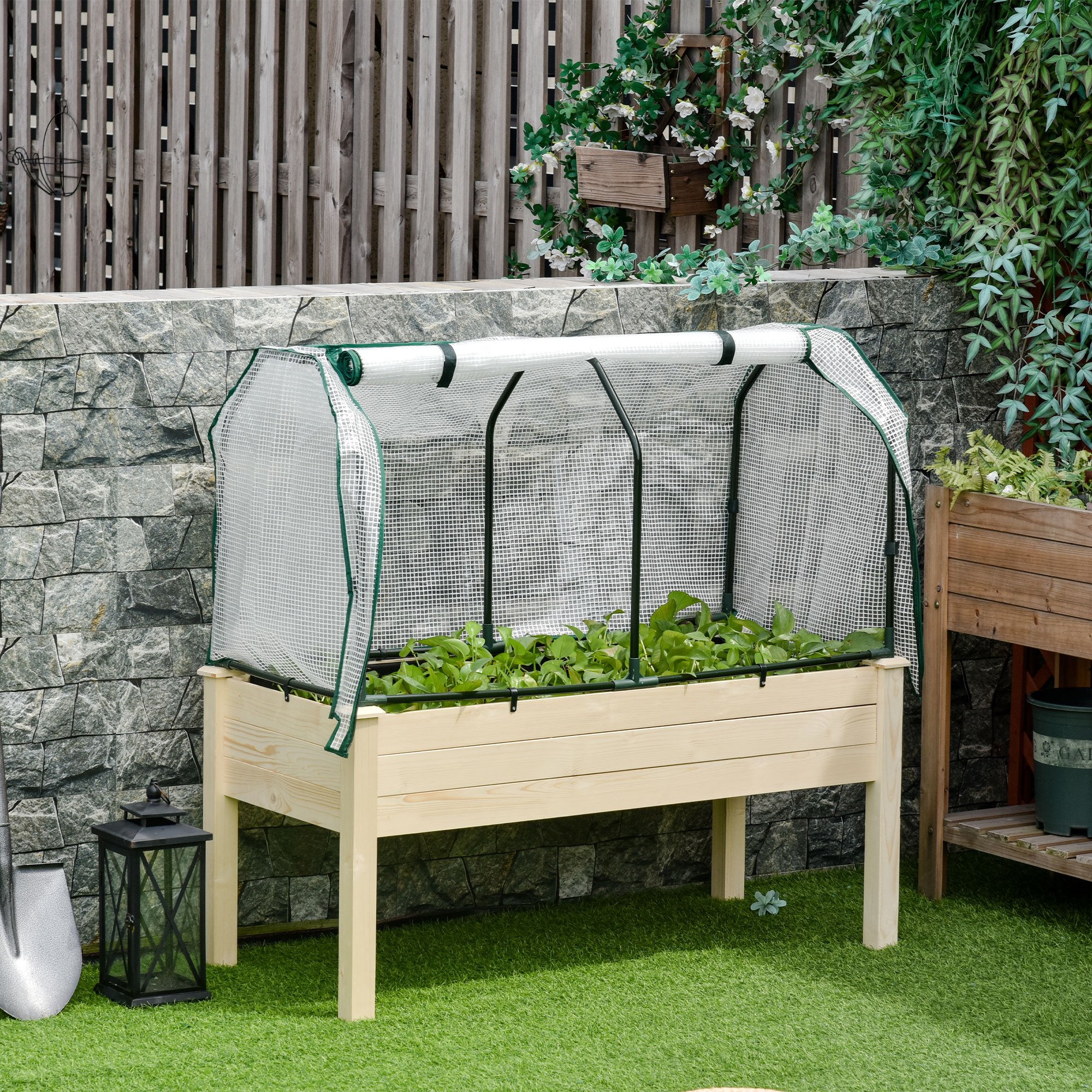 Outsunny Raised Garden Bed with PE Greenhouse Cover Outdoor Elevated