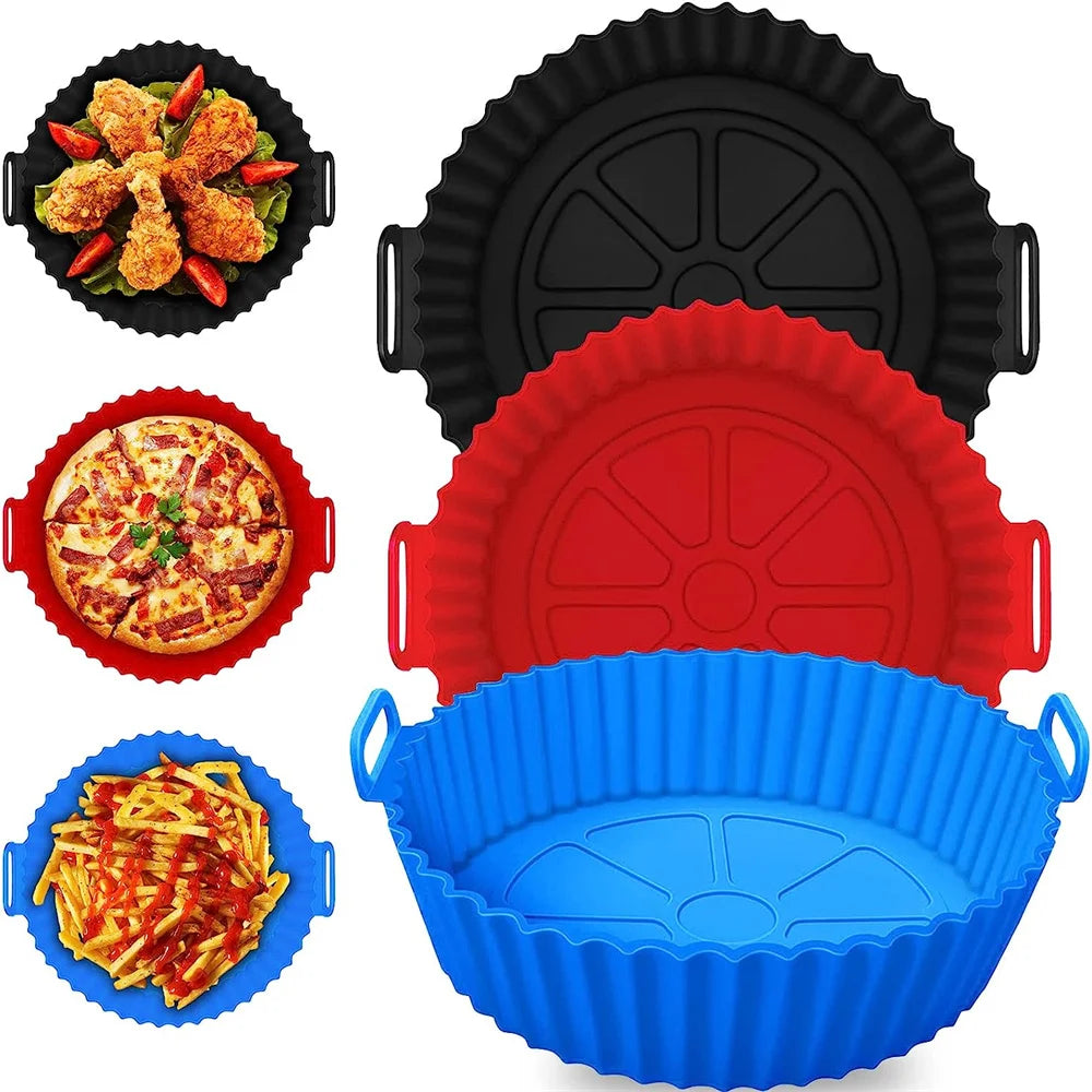 Round Silicone Airfryer Basket Tray 20/24CM Nonstick Reusable Air Fryer Pot Liners Oven Microwave Cake Pan Kitchen Accessories