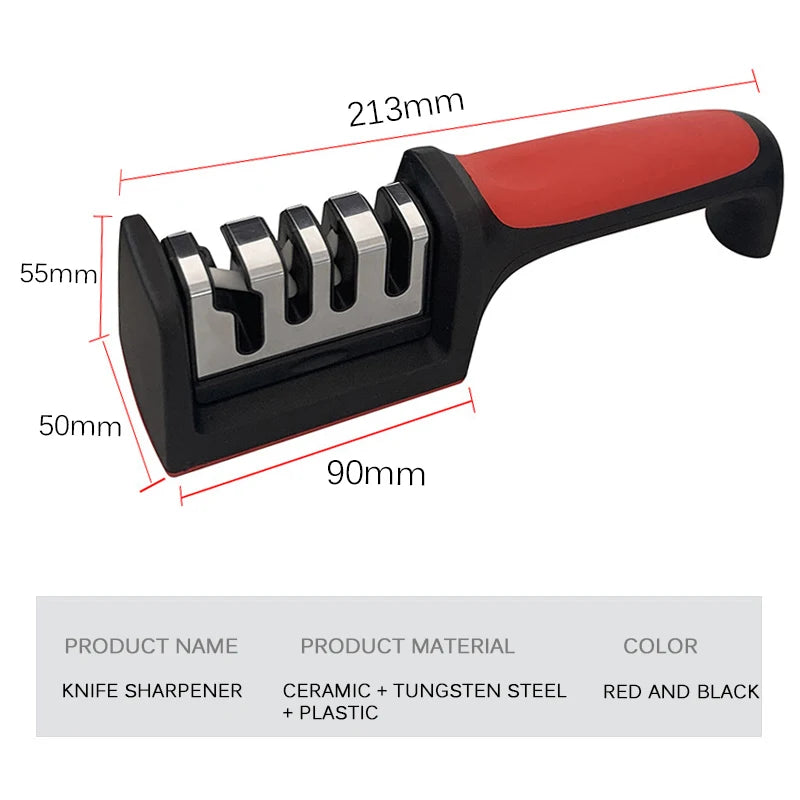 Handheld multi-functional knife sharpener for kitchen use.