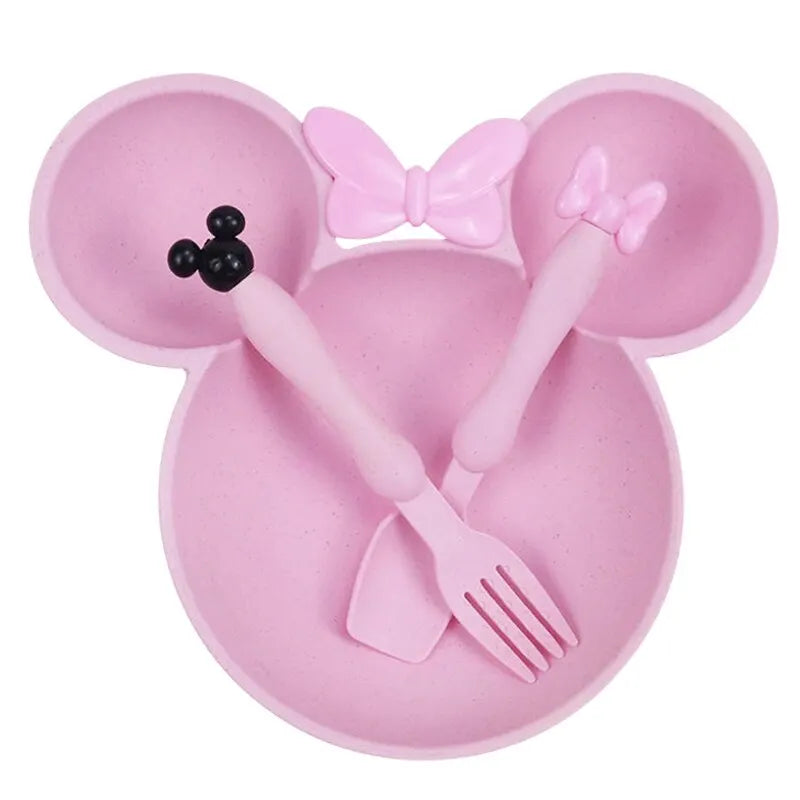 3Pcs/set Cartoon Baby Bowl Tableware Set Wheat Straw Children's Dishes Kids Dinner Feeding Plate Bowknot Food Plate Spoon Fork
