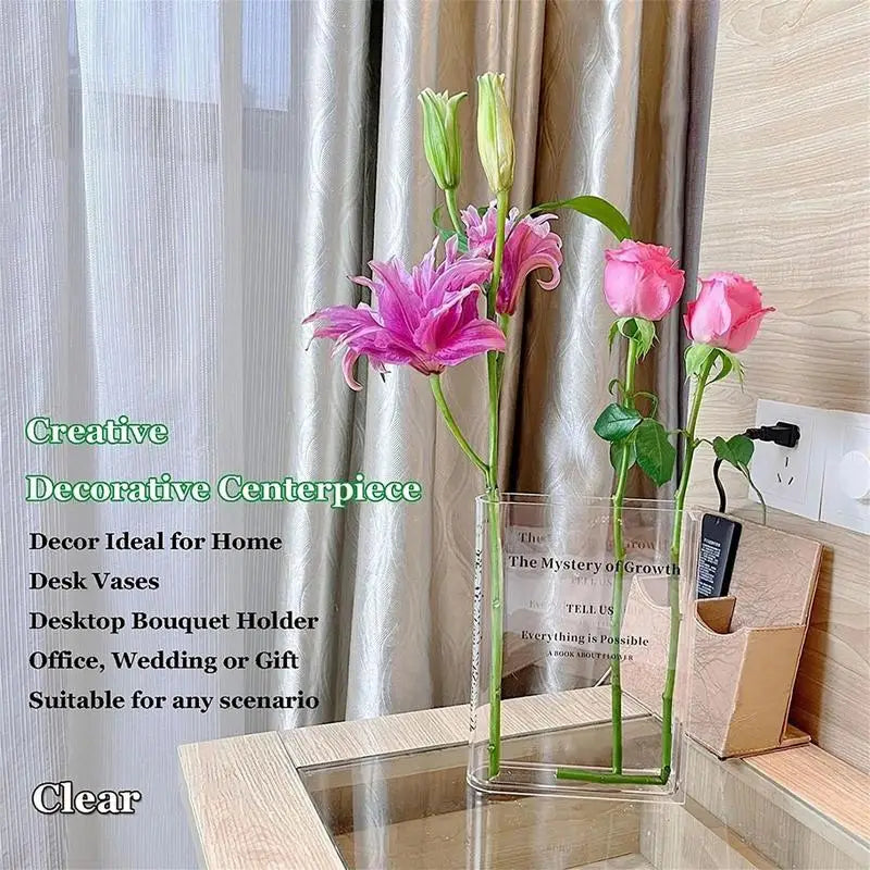 Clear Acrylic Vase Clear Book Shaped Vase Cultural Flavor Decorative Flower Pot For Unique Home Bedroom Office Accent Book