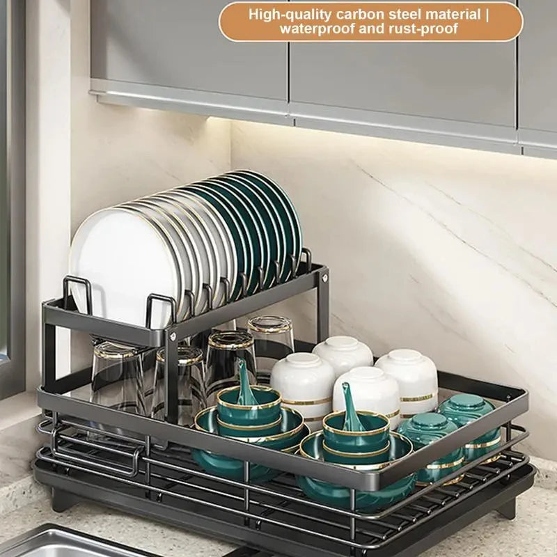 Dish Drying Rack Adjustable Kitchen Plates Organizer with Drainboard Over Sink Countertop Cutlery Storage Holder