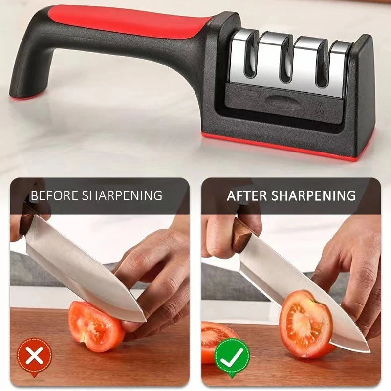 Handheld multi-functional knife sharpener for kitchen use.