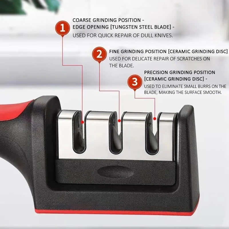 Handheld multi-functional knife sharpener for kitchen use.