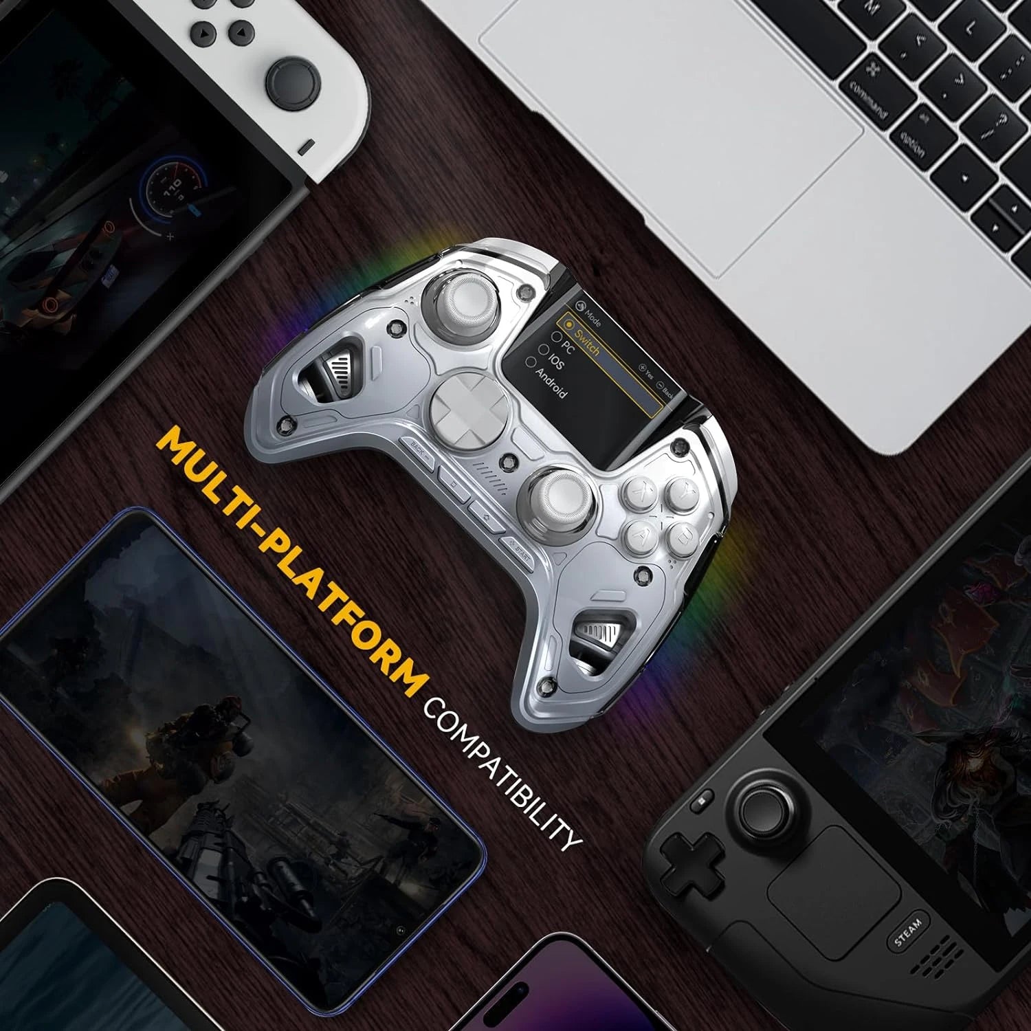 Interactive Wireless Gaming Controller: Hall Effect Stick, RGB Light,