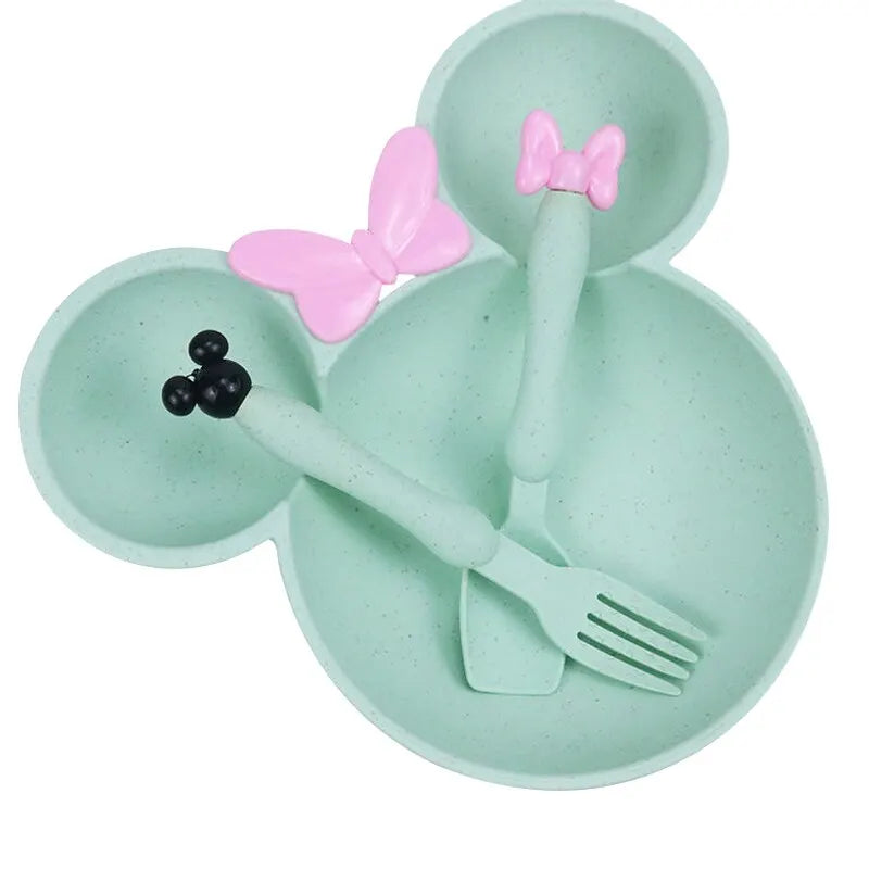 3Pcs/set Cartoon Baby Bowl Tableware Set Wheat Straw Children's Dishes Kids Dinner Feeding Plate Bowknot Food Plate Spoon Fork