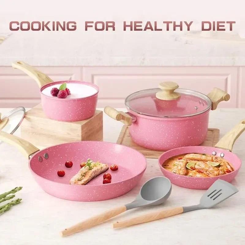 Innerwell 8Pcs Kitchen Frying Pan Stockpot Milk Pot Sets with Glass Lid Nonstick Toxin Free Stone Cookware Compatible All Stoves