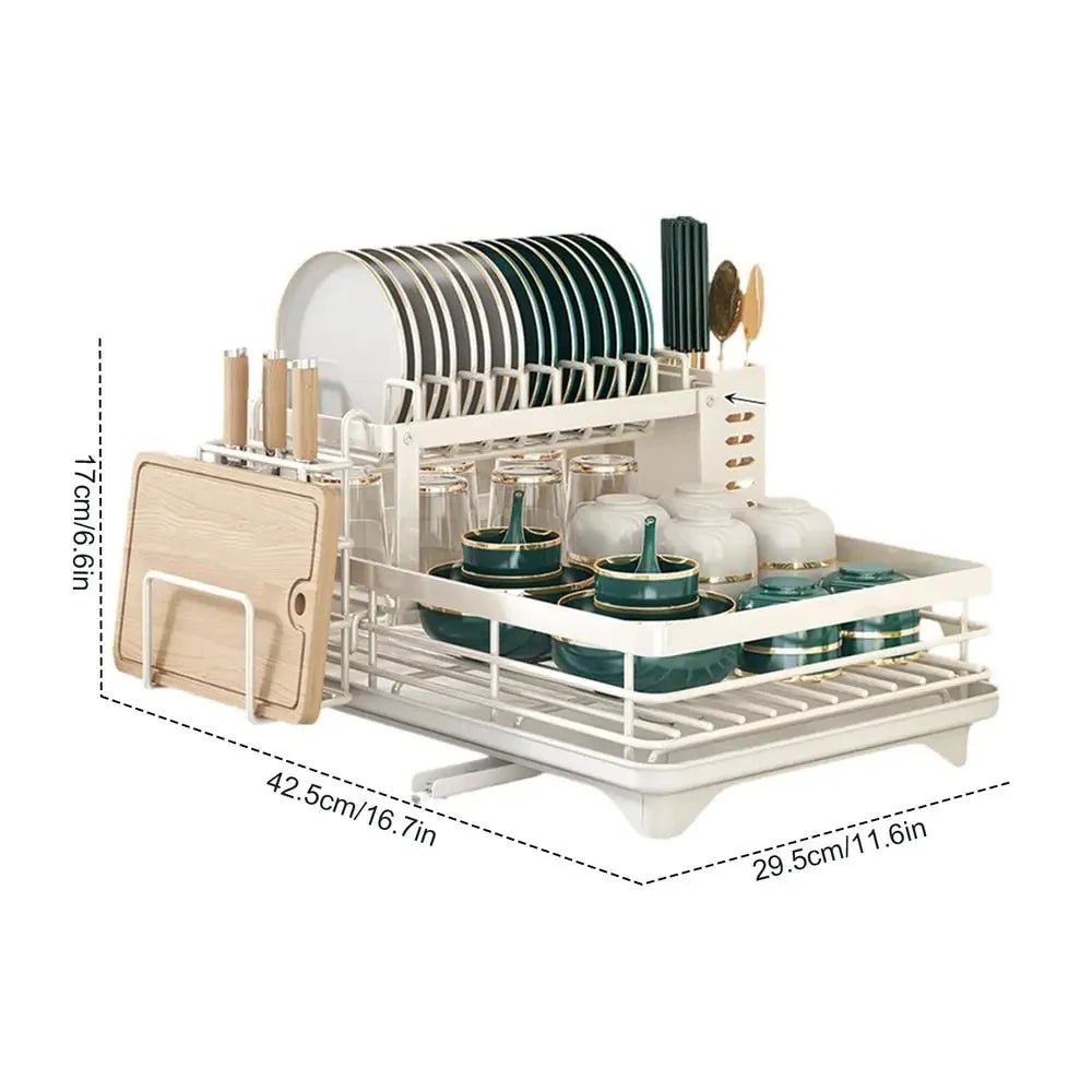 Dish Drying Rack Adjustable Kitchen Plates Organizer with Drainboard Over Sink Countertop Cutlery Storage Holder