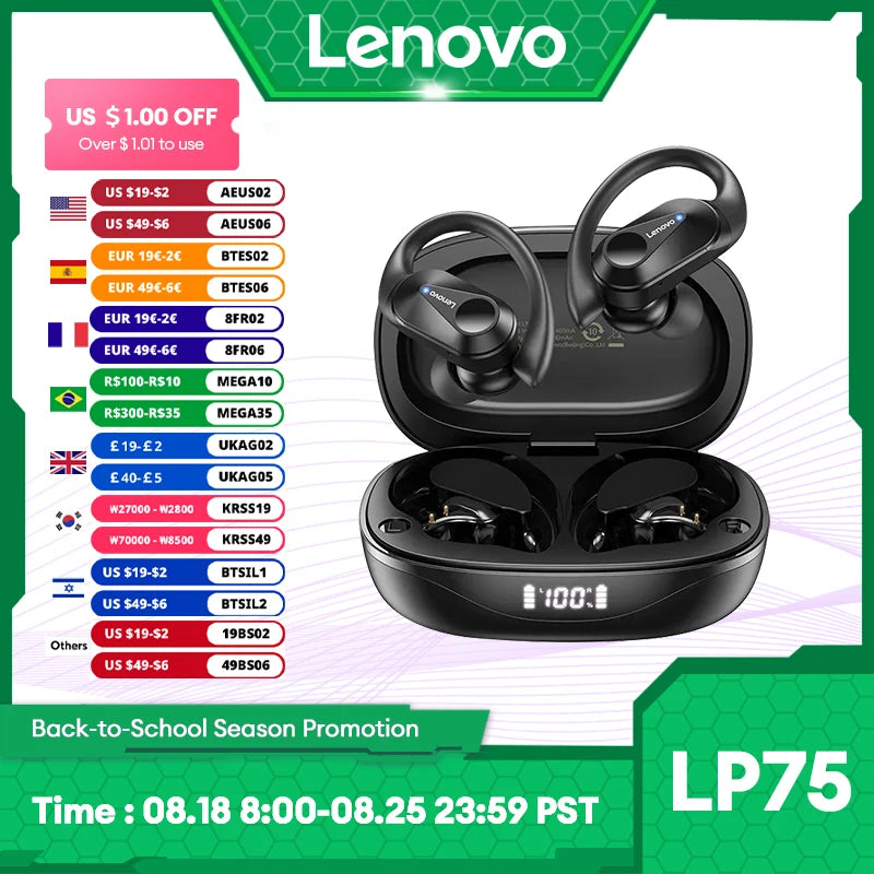 Original Lenovo LP75 TWS Bluetooth V5.3 Headphones Wireless LED Digital Display Earphones Noise Reduction Headset