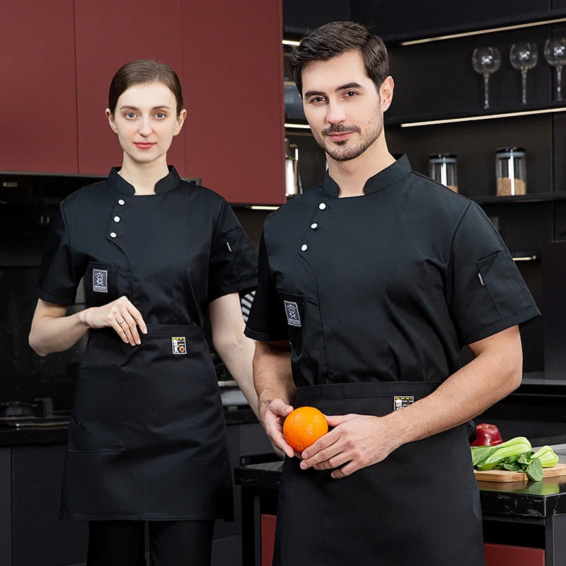 Unisex Kitchen Chef Coat Short Restaurant Uniform Shirt Service Bakery Breathable Double Breasted Chef Dress Chef Jackets apron