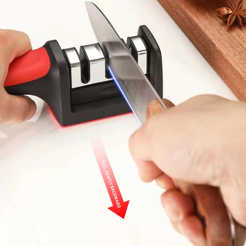 Handheld multi-functional knife sharpener for kitchen use.