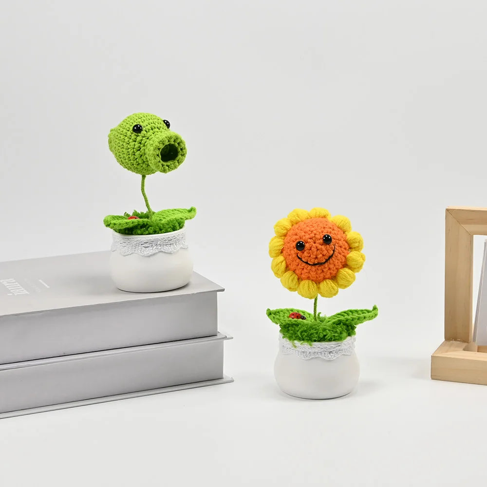Hand-Knitted Sunflower/Pea/Cannibal Flower Potted Plant,Desk Decor For