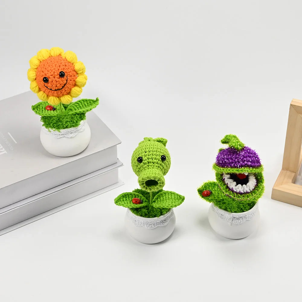 Hand-Knitted Sunflower/Pea/Cannibal Flower Potted Plant,Desk Decor For