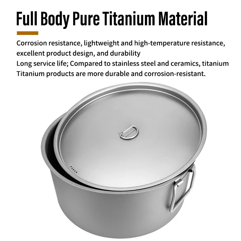 TiTo 5L Non-toxic Cooker Titanium Pot Camping Cooking Soup Pot with Lid Folding Handle Hiking Picnic Cookware Portable Stockpot