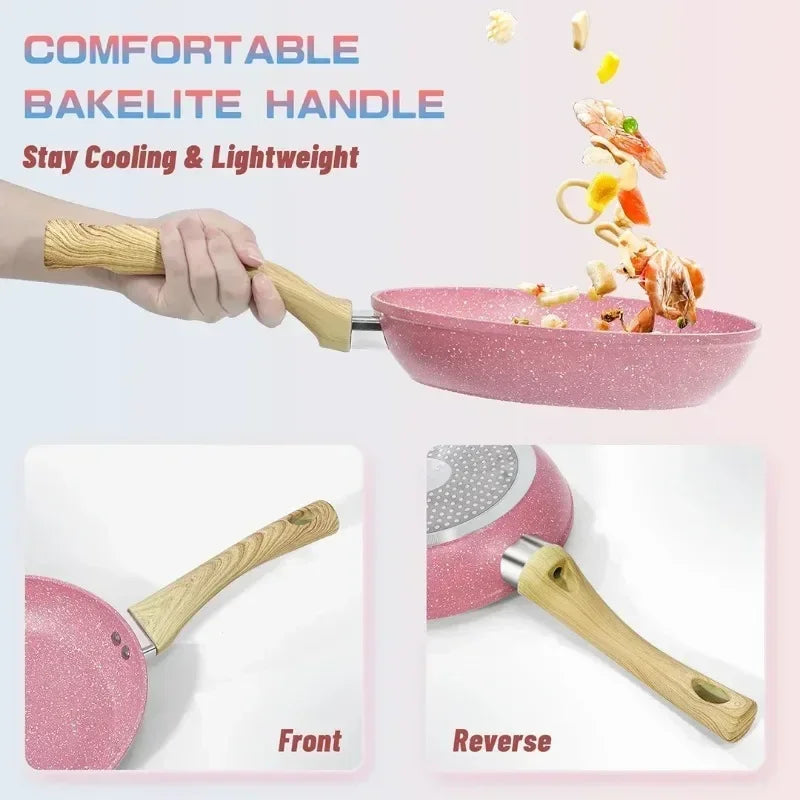 Innerwell 8Pcs Kitchen Frying Pan Stockpot Milk Pot Sets with Glass Lid Nonstick Toxin Free Stone Cookware Compatible All Stoves