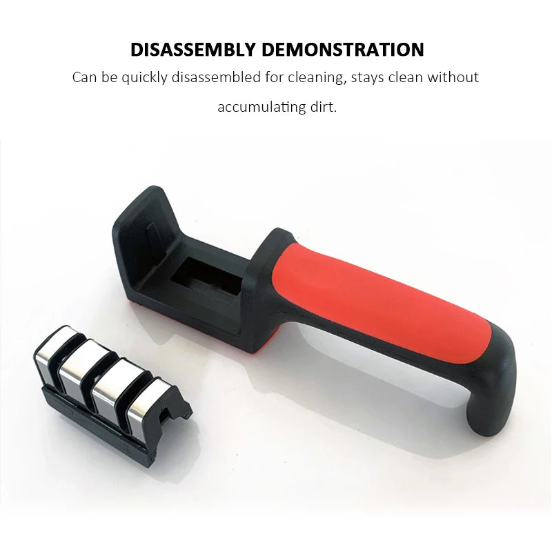 Handheld multi-functional knife sharpener for kitchen use.