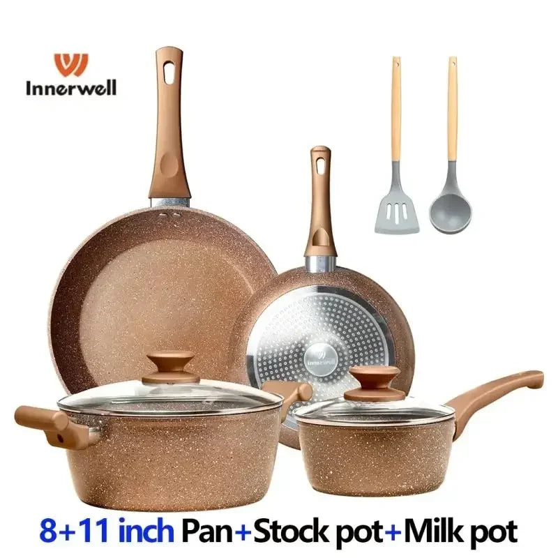 Innerwell 8Pcs Kitchen Frying Pan Stockpot Milk Pot Sets with Glass Lid Nonstick Toxin Free Stone Cookware Compatible All Stoves