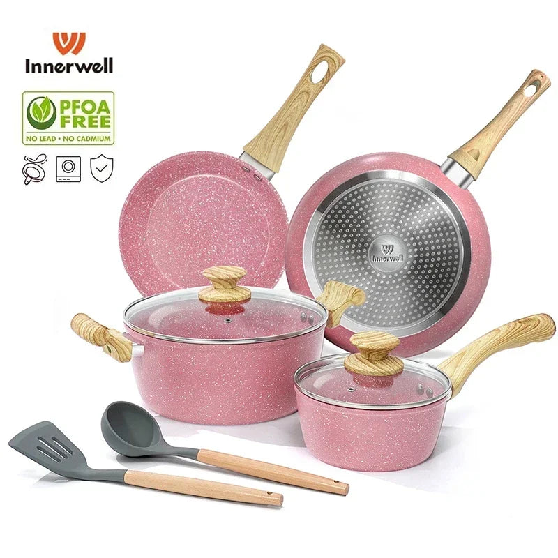 Innerwell 8Pcs Kitchen Frying Pan Stockpot Milk Pot Sets with Glass Lid Nonstick Toxin Free Stone Cookware Compatible All Stoves