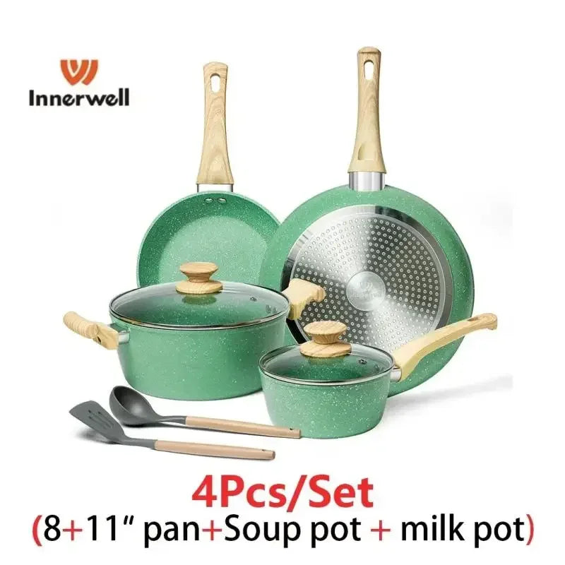 Innerwell 8Pcs Kitchen Frying Pan Stockpot Milk Pot Sets with Glass Lid Nonstick Toxin Free Stone Cookware Compatible All Stoves
