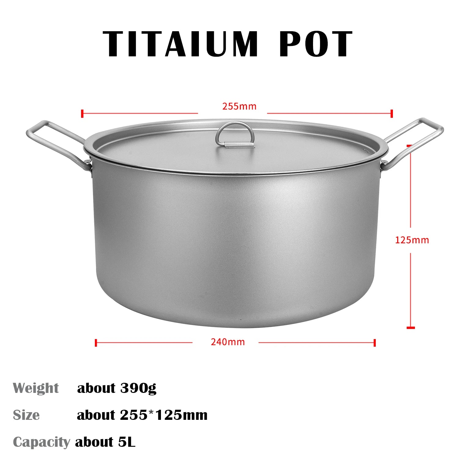 TiTo 5L Non-toxic Cooker Titanium Pot Camping Cooking Soup Pot with Lid Folding Handle Hiking Picnic Cookware Portable Stockpot