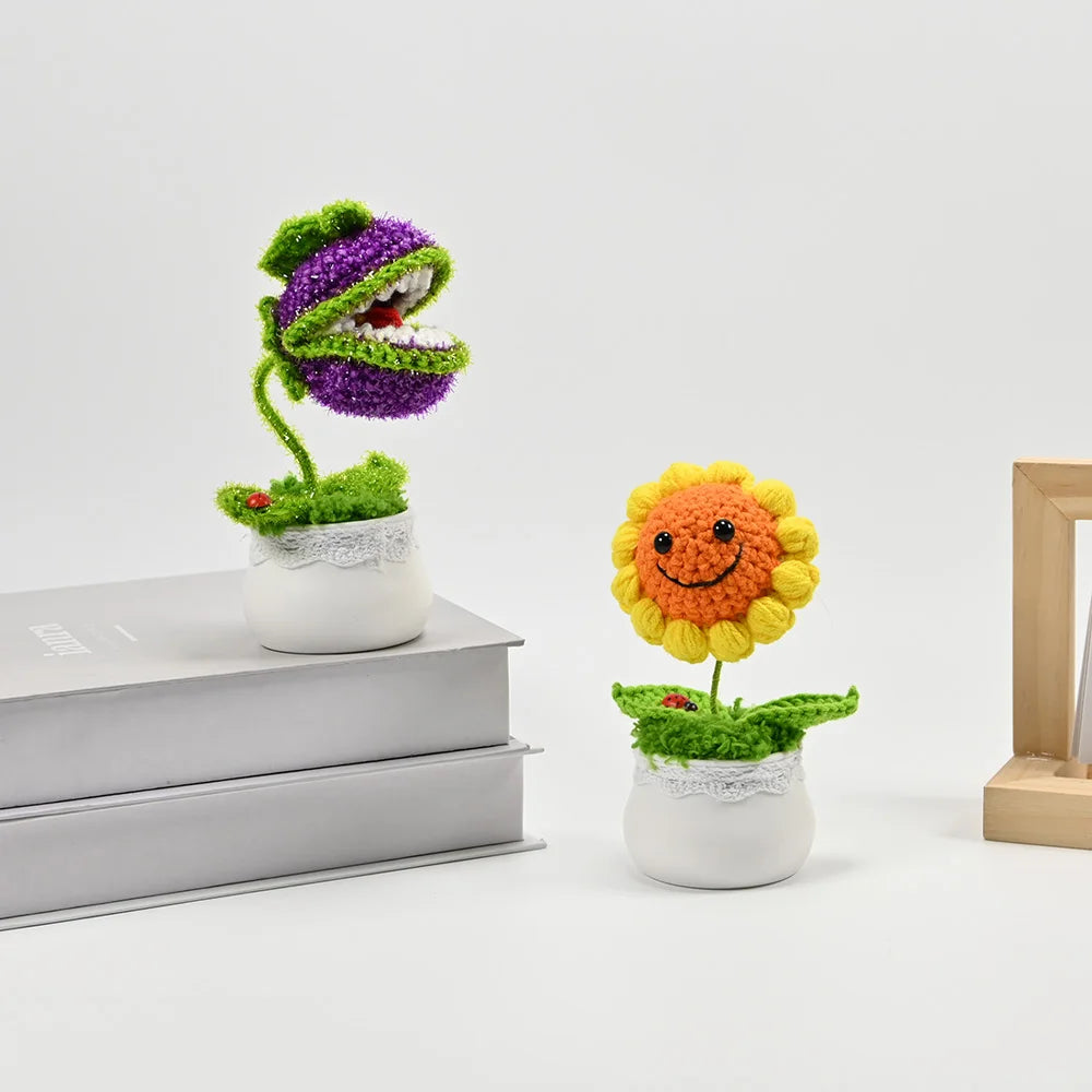 Hand-Knitted Sunflower/Pea/Cannibal Flower Potted Plant,Desk Decor For