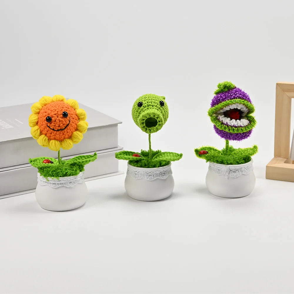 Hand-Knitted Sunflower/Pea/Cannibal Flower Potted Plant,Desk Decor For