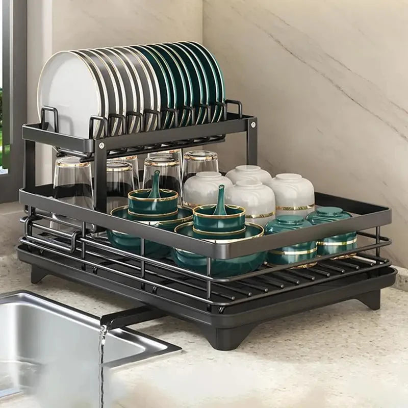 Dish Drying Rack Adjustable Kitchen Plates Organizer with Drainboard Over Sink Countertop Cutlery Storage Holder